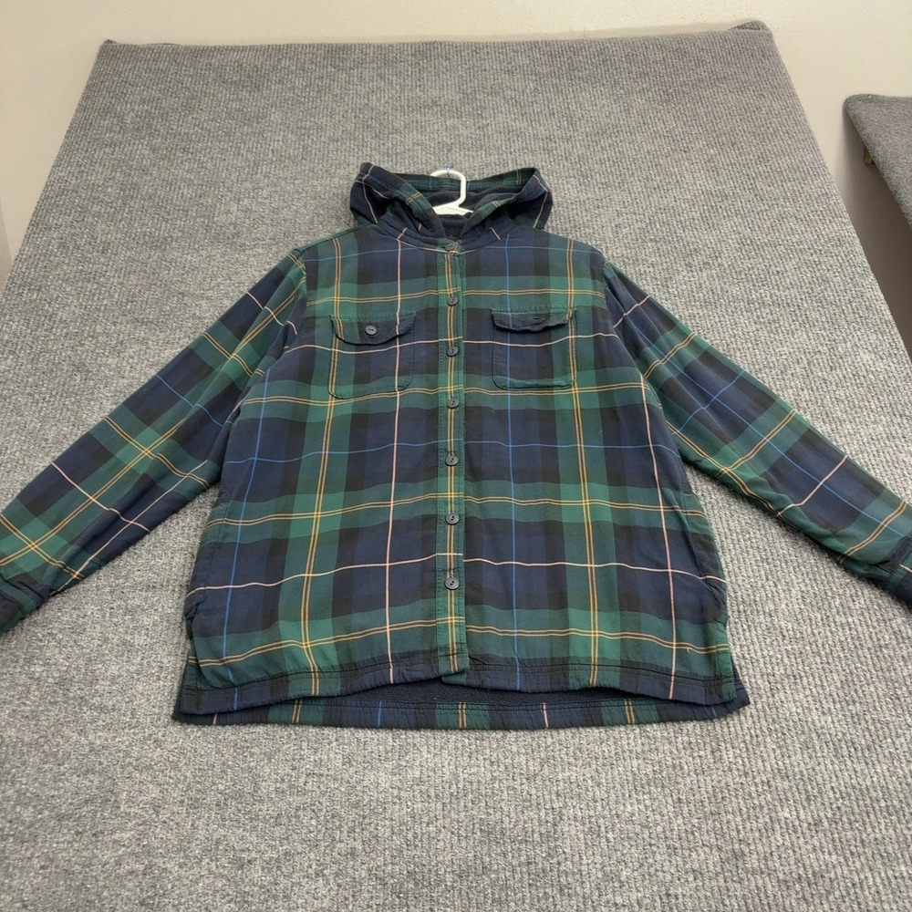 LL Bean Flannel Hoodie Womens L Green Cotton Fleece Lined Plaid Hooded Outdoor
